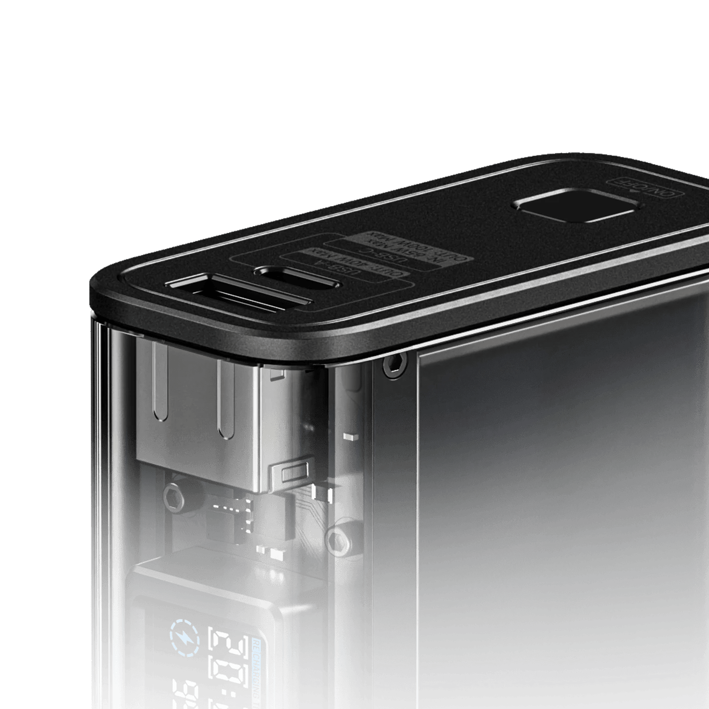 Şeffaf gövdeli powerbank, akıllı ekranlı taşınabilir şarj cihazı