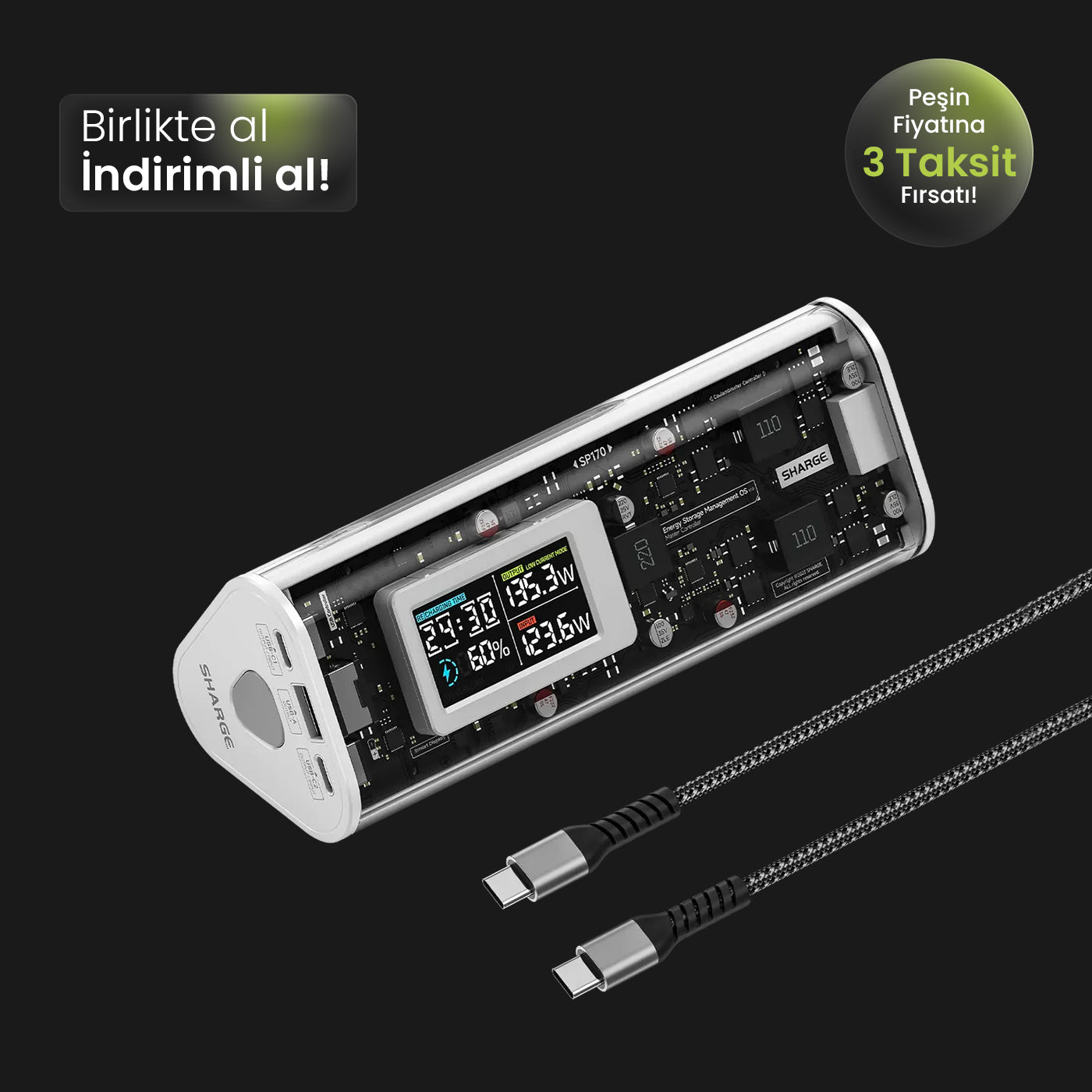 170W - Yüksek Güçlü ve Şeffaf Tasarımlı GaN Powerbank