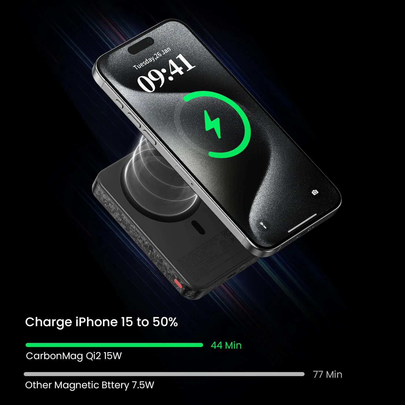 MagSafe uyumlu güçlü tutuşlu şeffaf karbon fiber powerbank