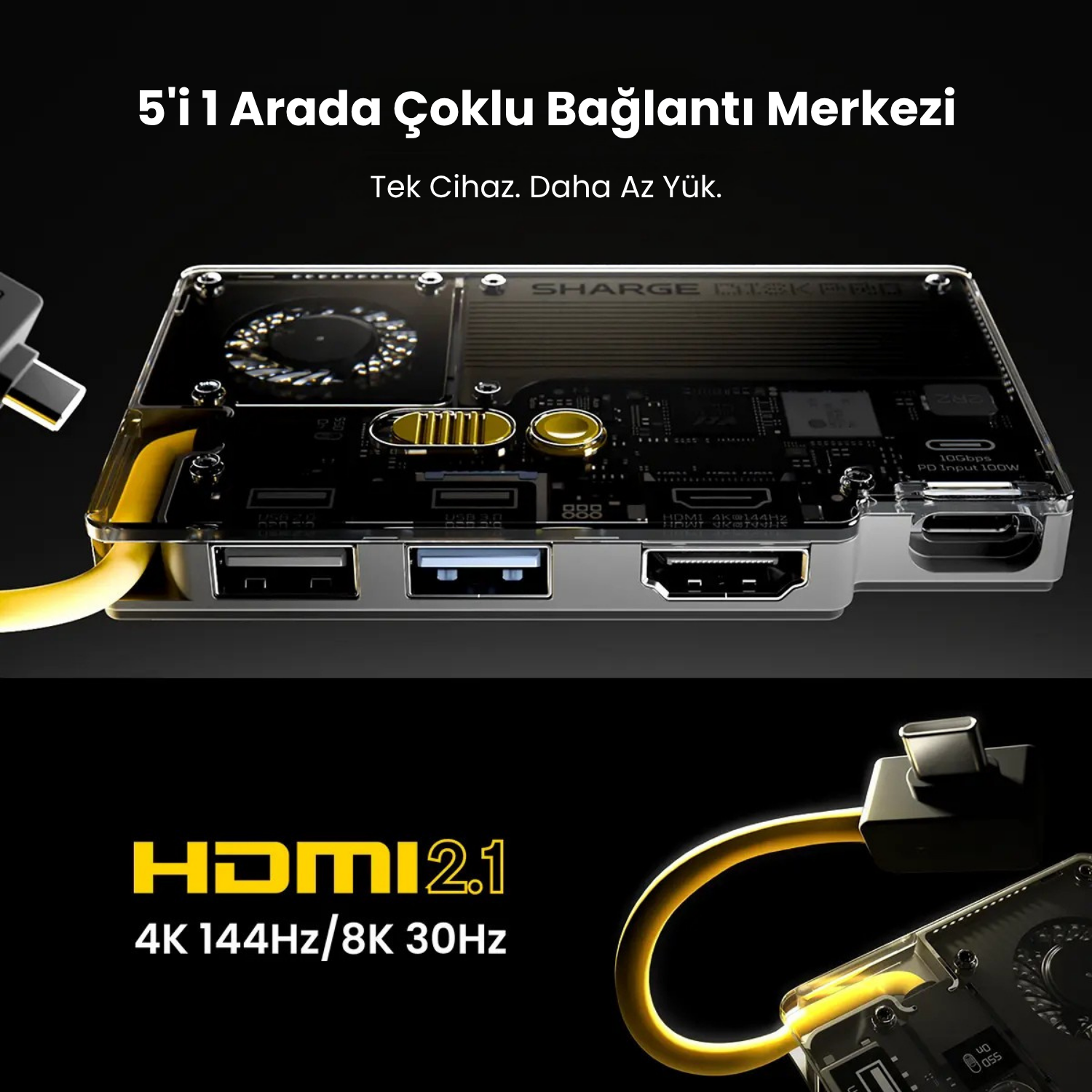 Sharge Disk Pro ( 5'i 1 arada, 10 Gbps, 4TB'a kadar, Aktif Soğutma)