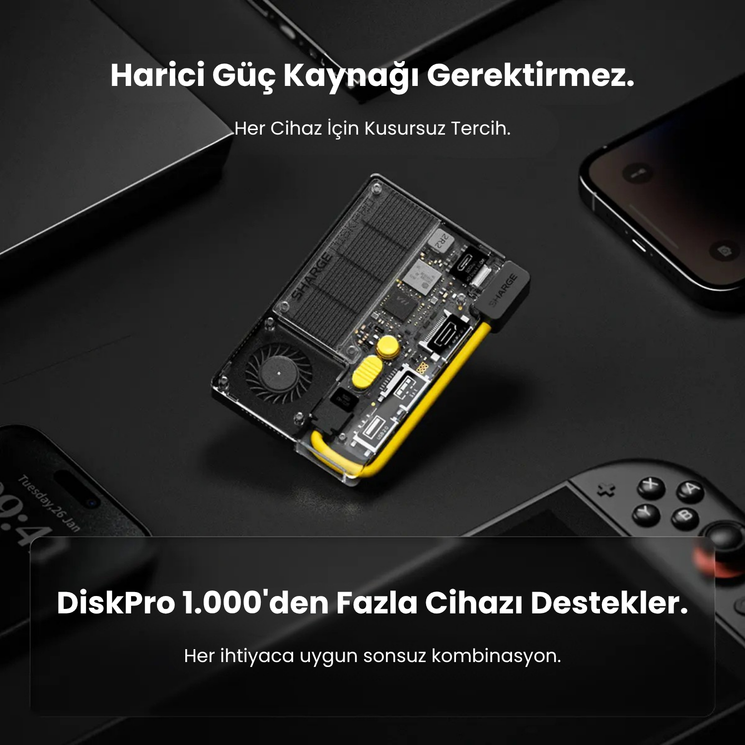 Sharge Disk Pro ( 5'i 1 arada, 10 Gbps, 4TB'a kadar, Aktif Soğutma)