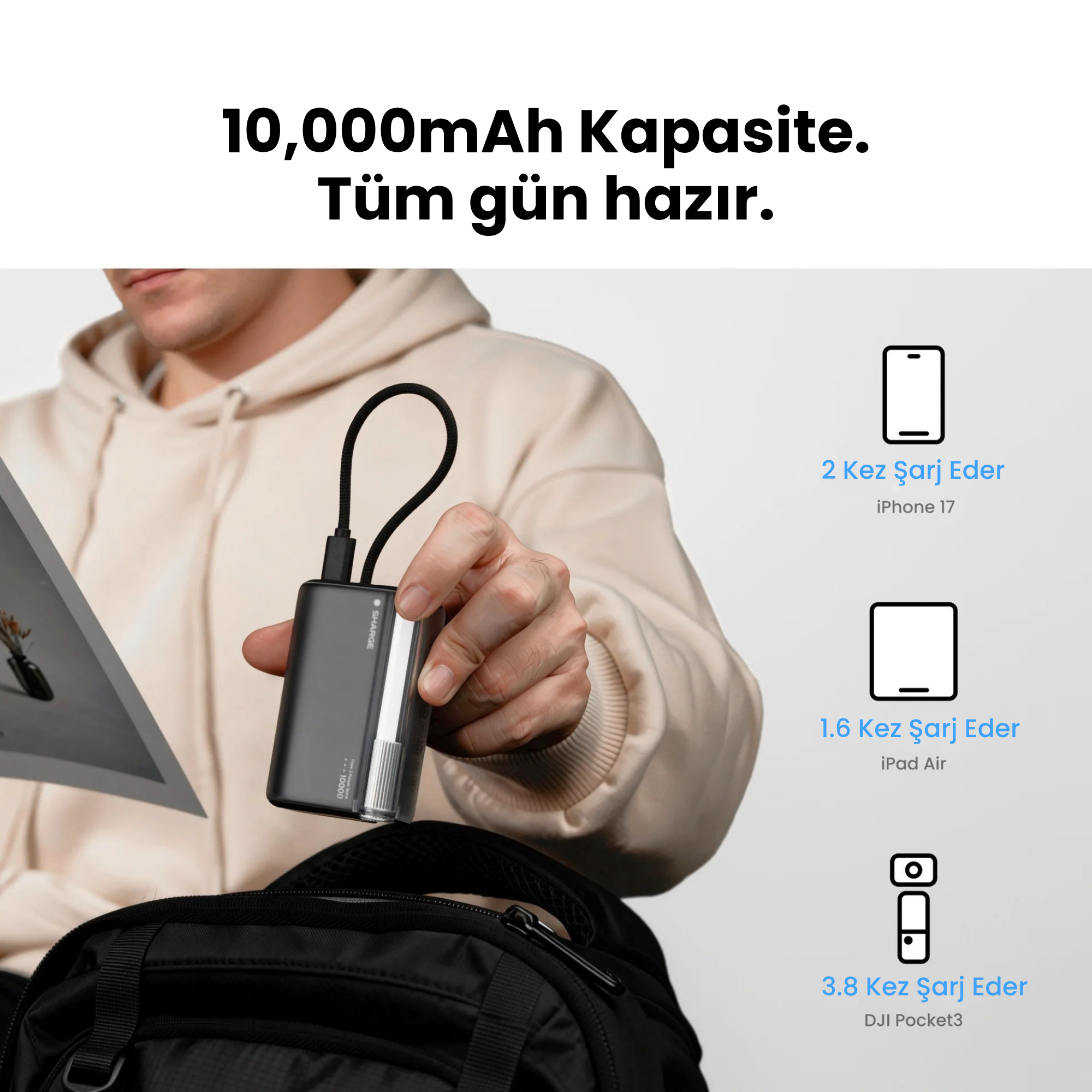 Flow 3 - Powerbank 10.000mAh 45W Dahili Kablolu