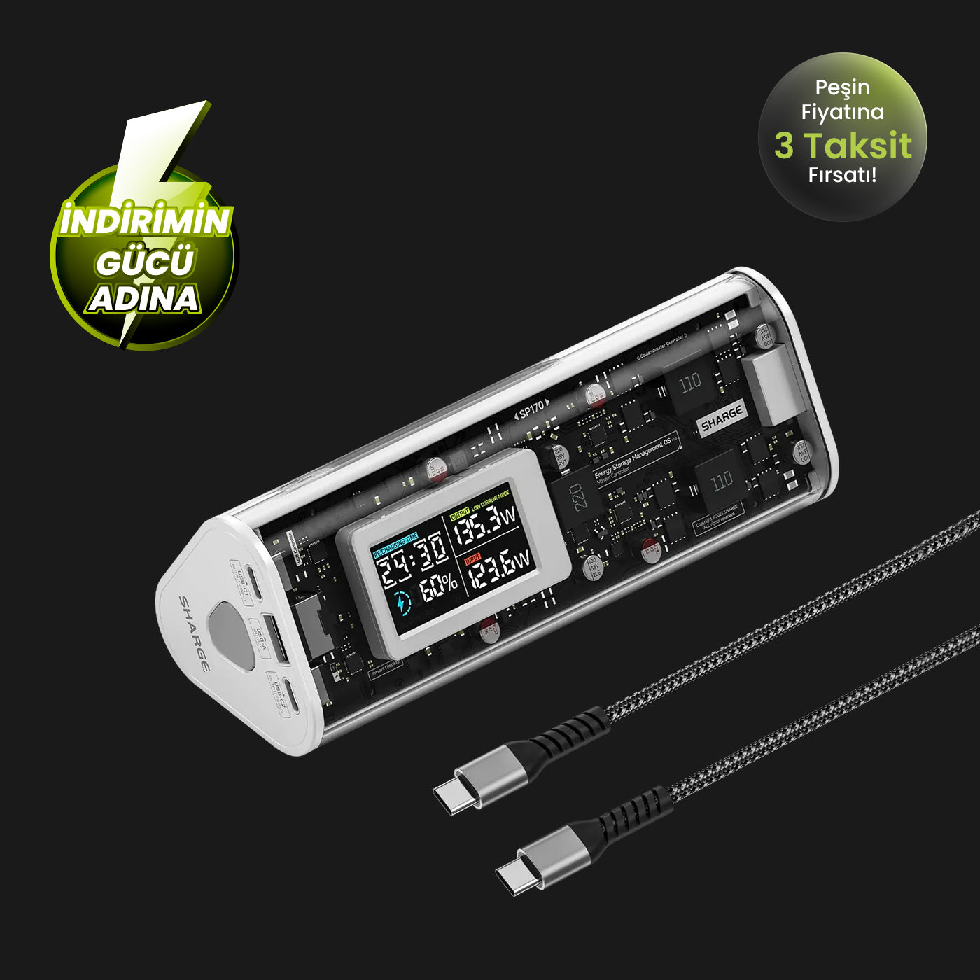 170W - Yüksek Güçlü ve Şeffaf Tasarımlı GaN Powerbank