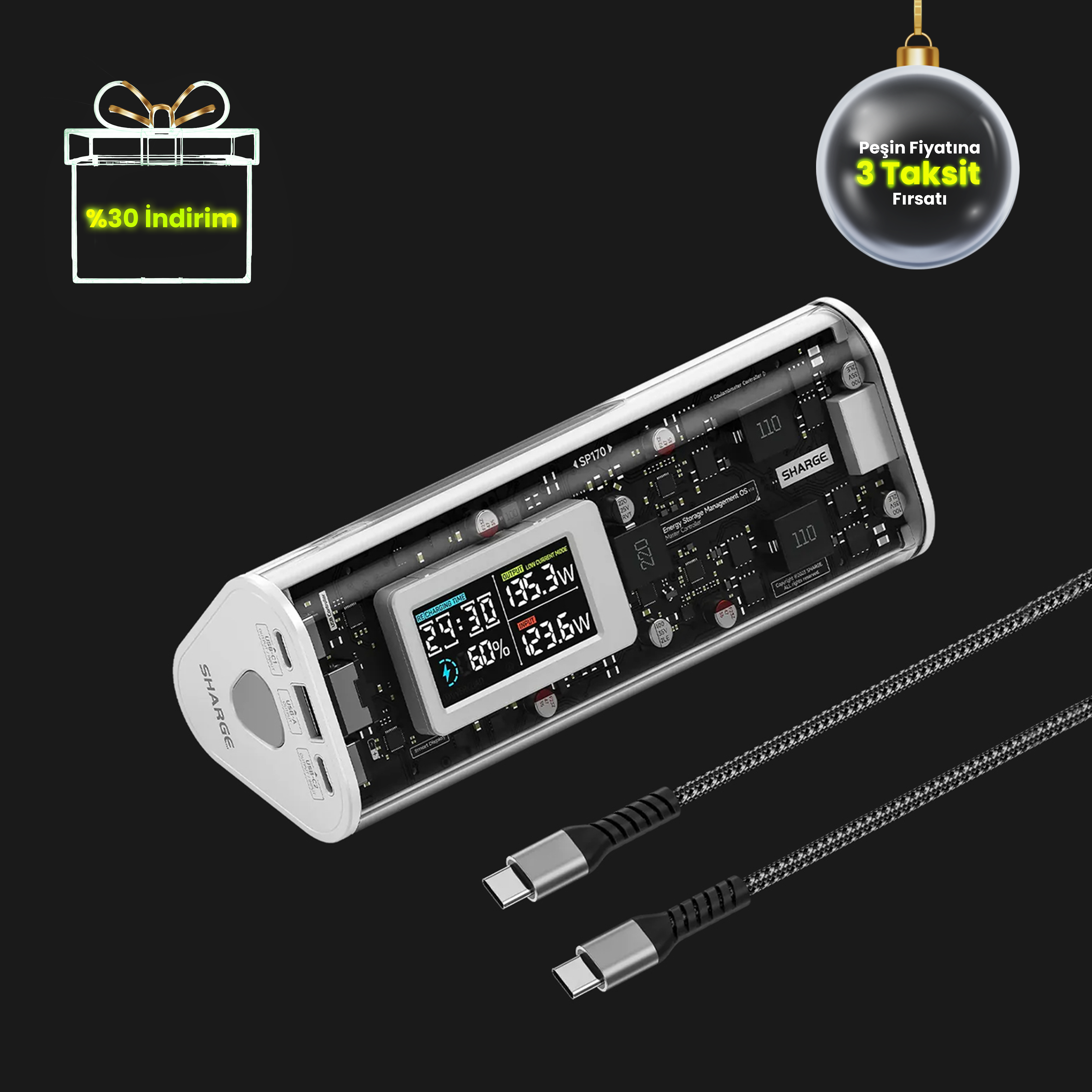 170W - Yüksek Güçlü ve Şeffaf Tasarımlı GaN Powerbank