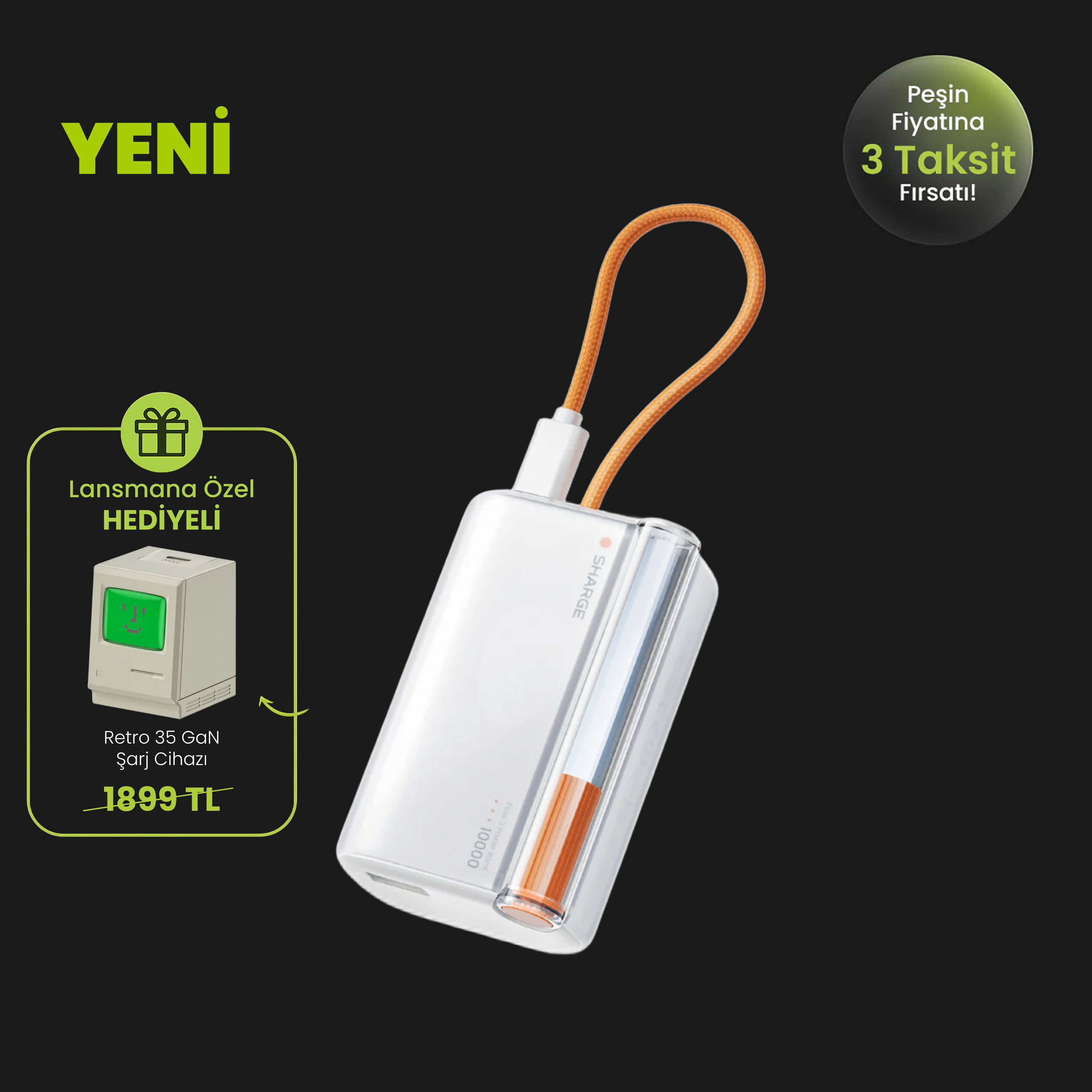 Flow 3 - Powerbank 10.000mAh 45W Dahili Kablolu