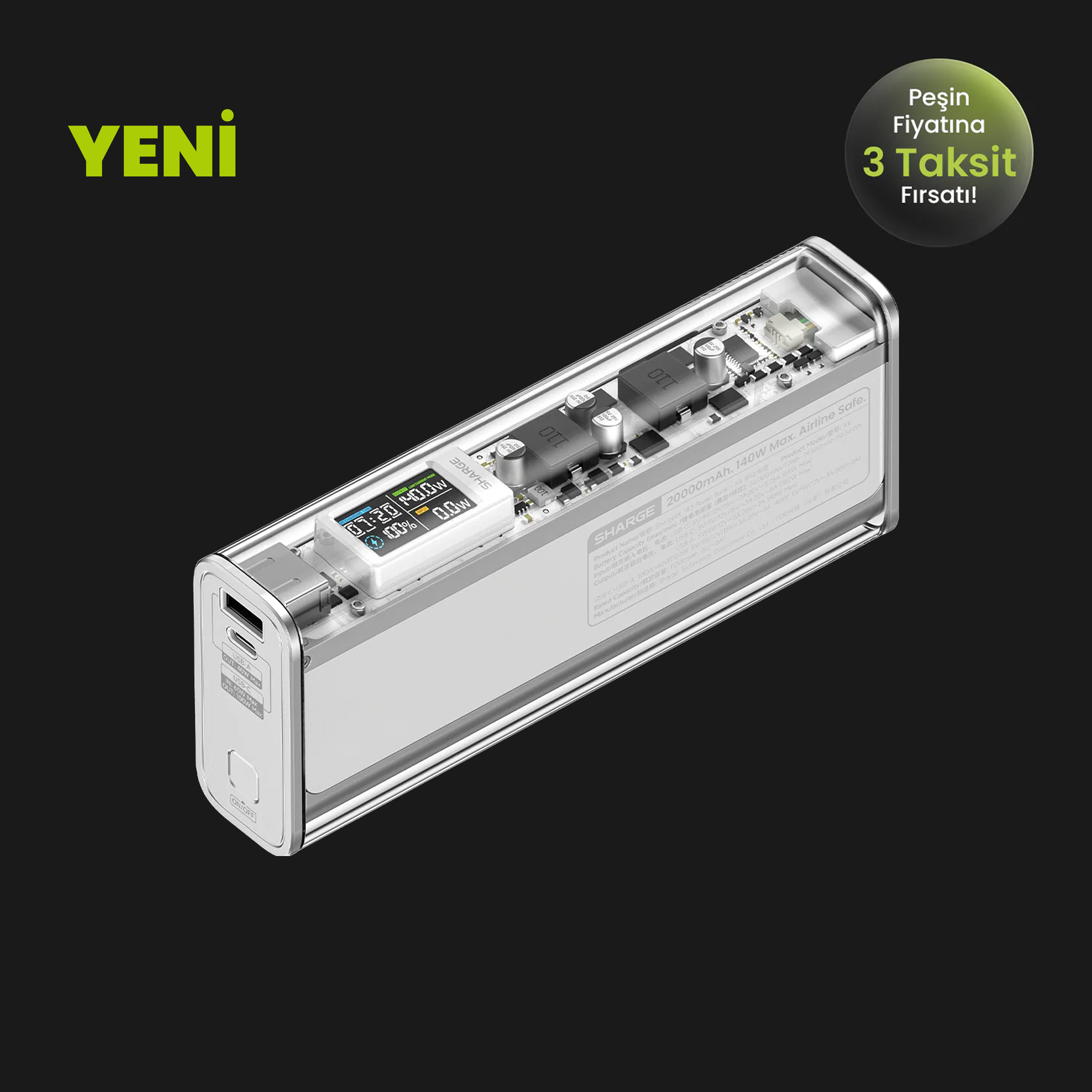 140W - Yüksek Güçlü ve Şeffaf Tasarımlı Powerbank